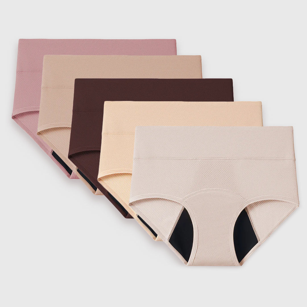 Five pairs of high-waisted underwear in different colors arranged in a row.