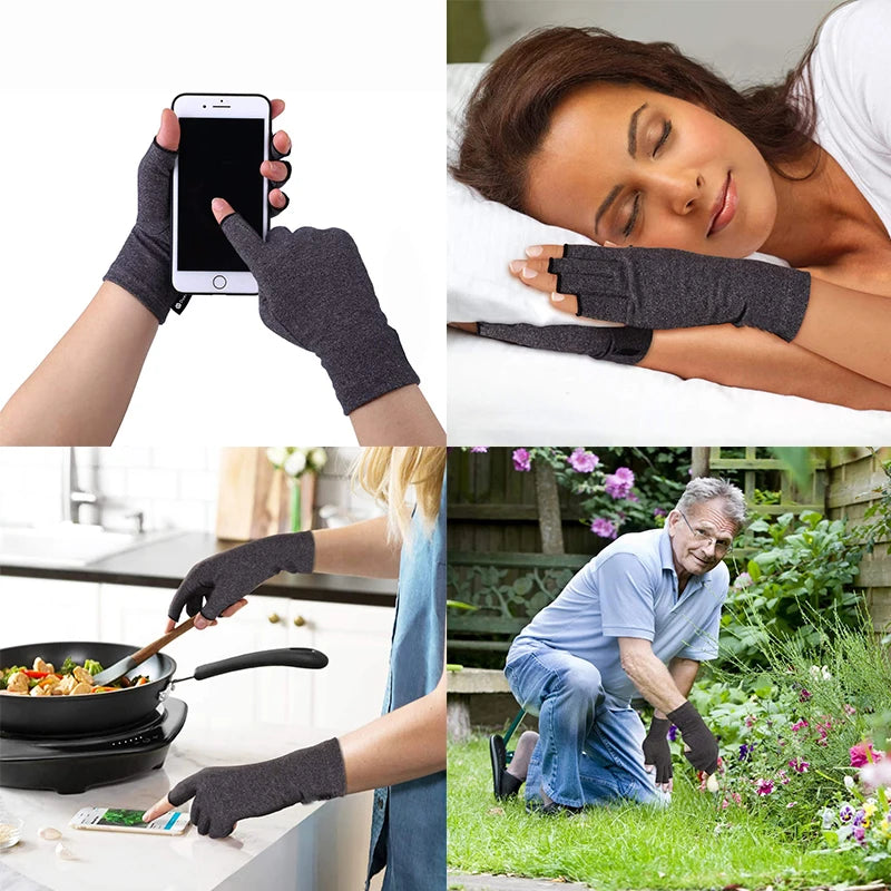 People using fingerless gloves for various activities: using a phone, sleeping, cooking, and gardening.