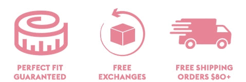 Icons for perfect fit, free exchanges, and free shipping on orders over $80.